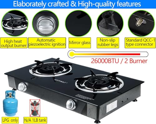 Horynar Glass 2 Burner Propane Stove 26000 BTU Auto Ignition Outdoor Cooking