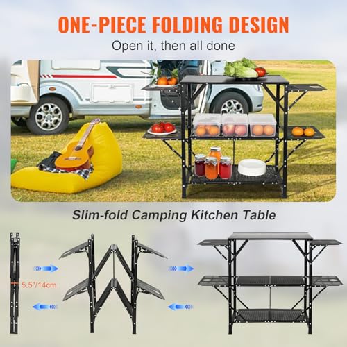 Camping Kitchen Table - Aluminum Folding Portable Cook Station with 4 Side Tables & Bag - Black 1