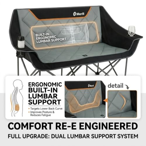Emerit Black Oversized Fully Padded Camping Loveseat with Cup Holders, 650LB Capacity