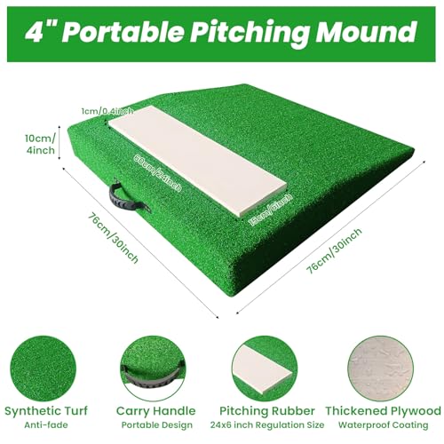 Portable Baseball Pitching Mound with Regulation Rubber & Carry Handle - 30x30x4 Inches