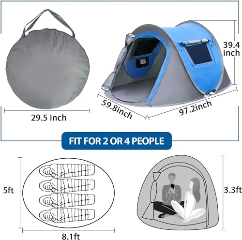 4 Person Pop Up Camping Tent - Instant Waterproof Setup, Lightweight & Durable