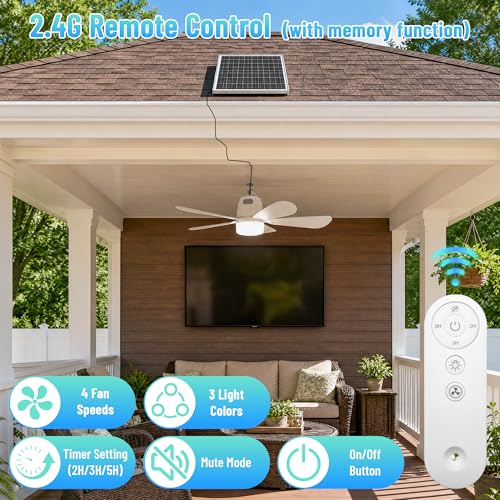 Lumtide 20'' Solar Ceiling Fan with 20000mAh Battery & Dimmable Light, Portable Outdoor Fan with Remote for Gazebo, Tent, RV