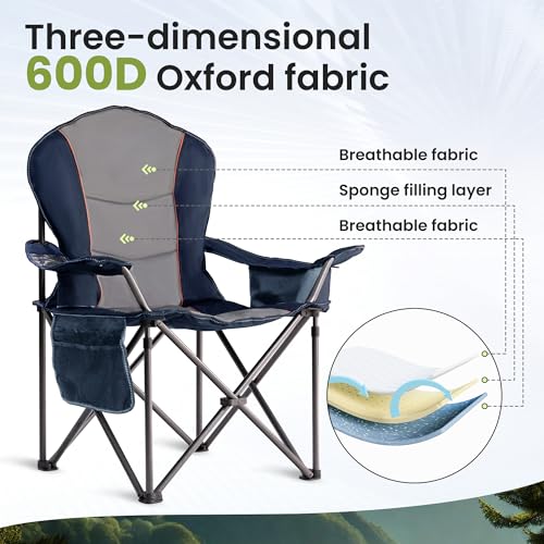 Foristrail 2-Pack XL Oversized Camping Chairs with Cup Holders & Waterproof Phone Case, Heavy Duty Folding Outdoor Chairs for Adults, Blue & Gray
