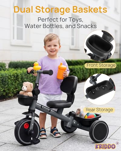 KRIDDO 2-in-1 Parent Steering Toddler Tricycle Grey for Ages 1.5-5 Years