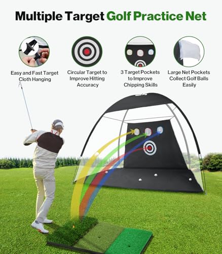 Golf Practice Net 10x7ft with Targets, Balls & Mat - Indoor & Outdoor Swing Training