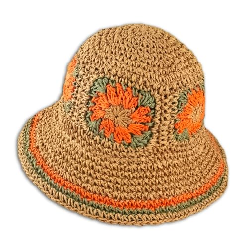 Medium Orange Crochet Straw Sun Hat for Women Wide Brim Beach Cap Summer Holiday