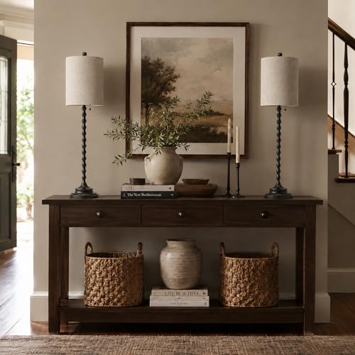 Lampworks Black Buffet Lamps Set of 2, 30-Inch Tall Table Lamps with Linen Shades & Pull Chain Switch