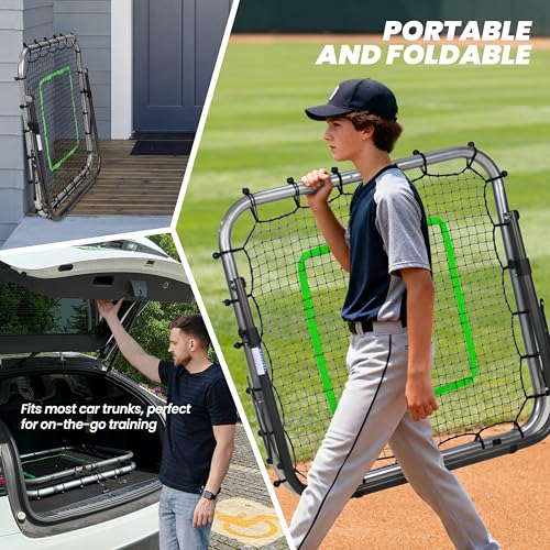 Portable Baseball & Softball Rebounder Net 3x3 ft Pitchback Trainer with Adjustable Angles