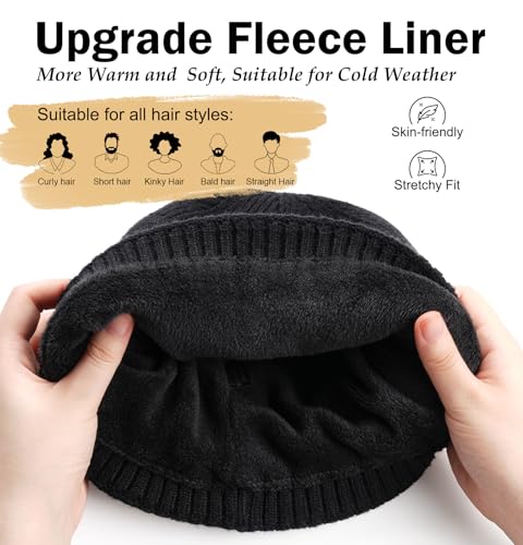 Wmcaps Fleece Lined Beanie - Warm Winter Knit Hat for Men Women - Black