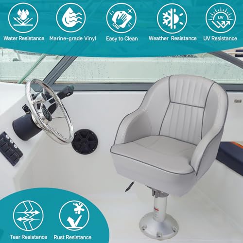 ERGOSEAT Gray Pontoon Captain Seat Marine Boat Bucket Chair with Piping - Dark Gray/Carbon