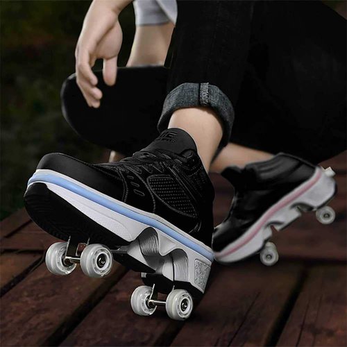 Roller Skates for Women Men Outdoor,2 in1 Parkour Shoes with Wheels for Girls/Boys,Double Row Deform Kick Roller Shoes Retractable Adults/Kids,Quad Roller Skates,Skating Shoes Recreation Sneakers
