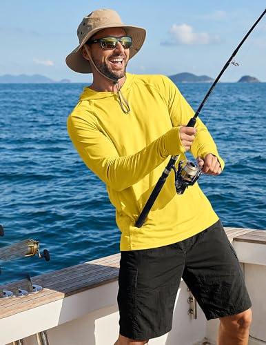 Yellow Men's UPF 50+ Long Sleeve Hoodie Shirt for Sun Protection - Lightweight Quick Dry Fishing Rash Guard
