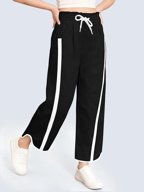 Haloumoning Girls Baggy Wide Leg Pants Kids Striped Elastic Waist Parachute Track Pants with Pockets 5-14 Years Black