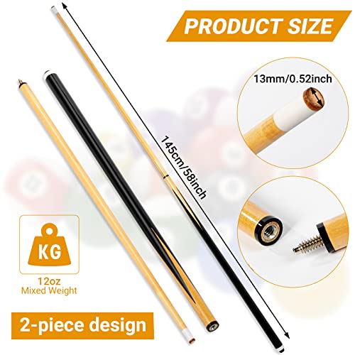 Wettarn 58 Inch Hardwood Pool Cues Set 12 Oz 13mm Tips Black, 8 Pack