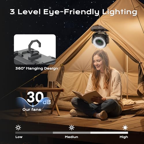 Rechargeable Camping Fan with LED Lantern, 120° Oscillation, Power Bank