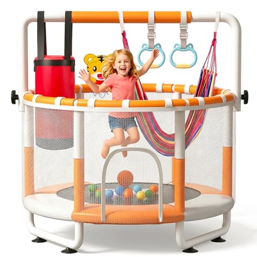 55-Inch Kids Mini Trampoline with Net & Adjustable Bar - White, Heavy Duty Steel Indoor Outdoor Play Gym