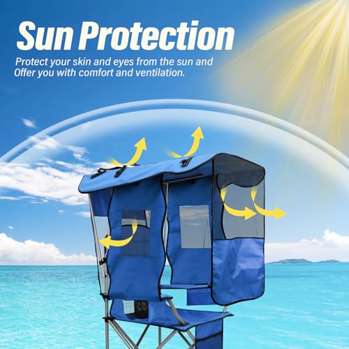 BDL Sky Blue Camping Chair with Canopy, Cooler & Mesh Backrest - Portable Foldable Outdoor Seat