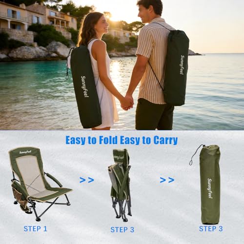 Green Low Back Folding Beach Camping Chair 2 Pack - Portable Heavy Duty Outdoor Seating