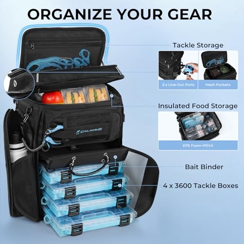 Calamus GearMaster Fishing Backpack with Bait Binder - Pro Black, 4 Tackle Boxes