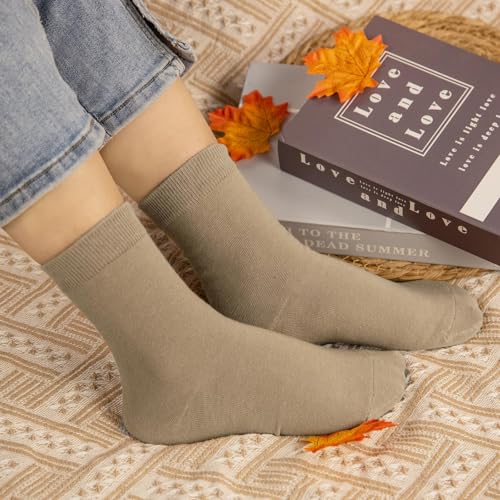 Justay Crew Socks for Women - Cute Knit Cotton Dress Socks, One Size, Dark Brown & Light Khaki