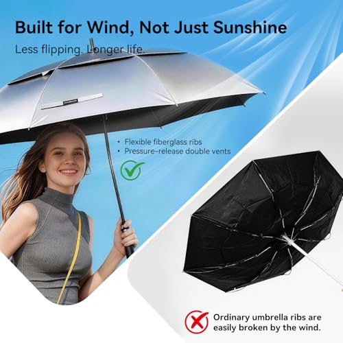 UV Protection Golf Umbrella 68 Inches Windproof Sun Shade with Double Canopy - Black & Silver