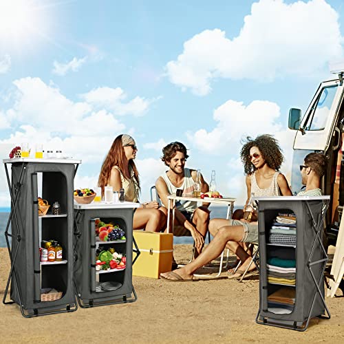 Grey 47-Inch Folding Camping Storage Cabinet with 3 Shelves and Carry Bag