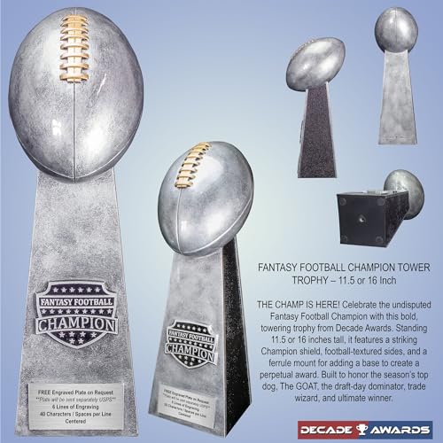 Large 16 Inch Silver Decade Awards Fantasy Football Champion Trophy with Custom Engraved Plate