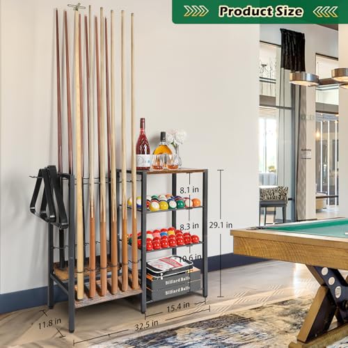 12 Cue Stick Pool Cue Rack Holder Stand with Ball & Accessory Storage - Black Variation