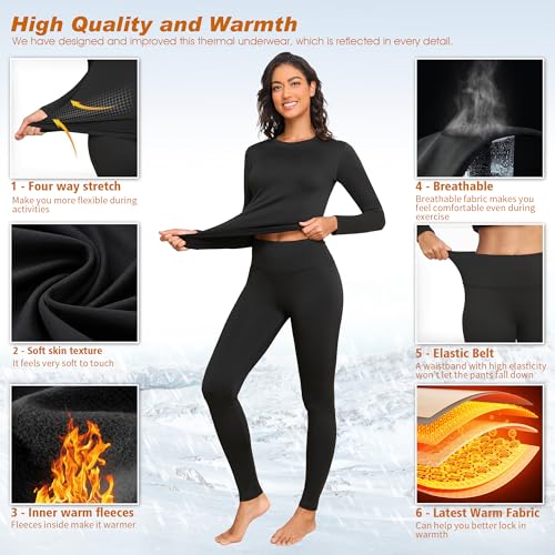 Women’s Thermal Underwear Set Fleece-Lined Long Johns Black Small