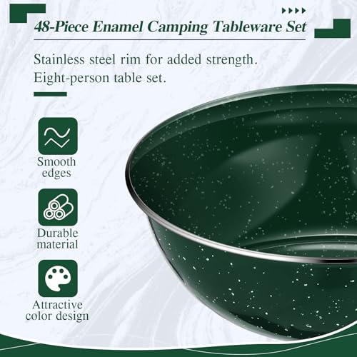 Nuogo 48-Piece Green Camping Enamel Dinnerware Set for 8 with Bowls Plates Cups Utensils