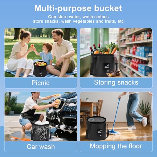 Medium Portable Camping Shower with Light & Carbon Filter - 2-in-1 Foldable Bucket