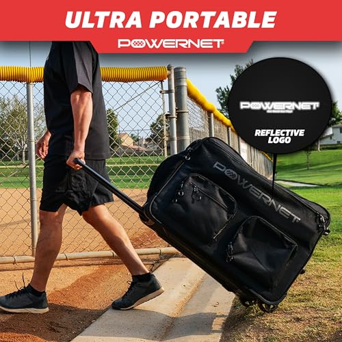 PowerNet Standard Baseball Bucket Bag with Wheels & Multiple Pockets — Holds 2 Buckets & Fits Launch F-Lite Pitching Machine