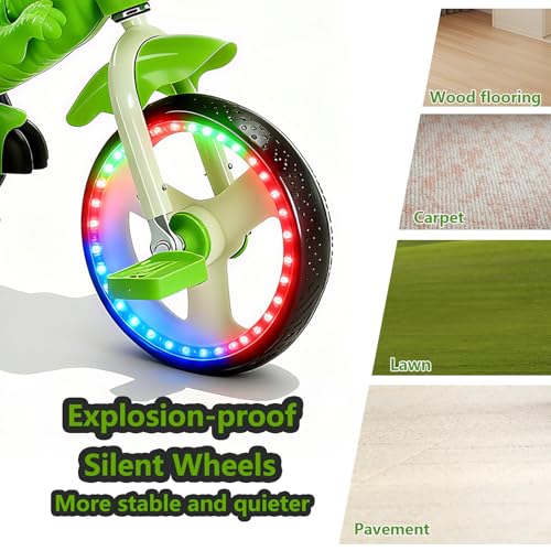 NMM Dinosaur Tricycle for Kids 2-6 Bright Green with Glow Big Wheel, Music, LED Lights, Horn