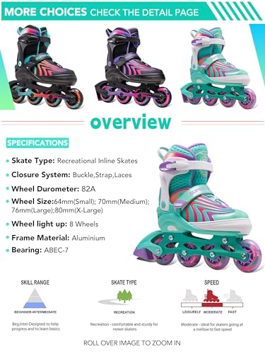 Super Youngster Adjustable Light Up Inline Skates for Kids Girls Mint Green 1-4 US