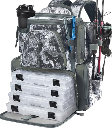 Piscifun Camouflage Fishing Tackle Backpack with 2 Rod Holders, 4 Boxes & Rain Cover - VEIL Model