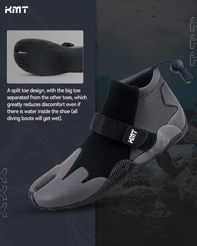 KMT Adult Water Sports Diving Boots - Split Toe, Grey, Size 11