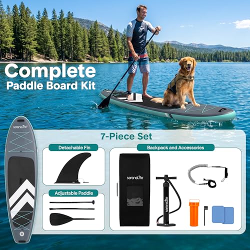SereneLife 10’ Inflatable SUP Board - Gray, Wide Stable Design, Complete Kit for Water Sports