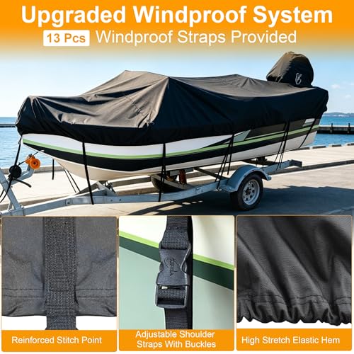 Heavy Duty Waterproof Boat Cover 16-18.5 ft V-Hull Fishing & Ski Boats with Motor Cover
