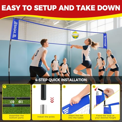 BAGAIL 12ft / 20ft Portable Volleyball Net with Adjustable Height - Blue, Heavy-Duty Frame & Carry Bag