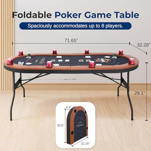 Oval Foldable Poker Table for 8 Players - 71 Inch Portable Casino Table with Cushioned Rail & Cup Holders