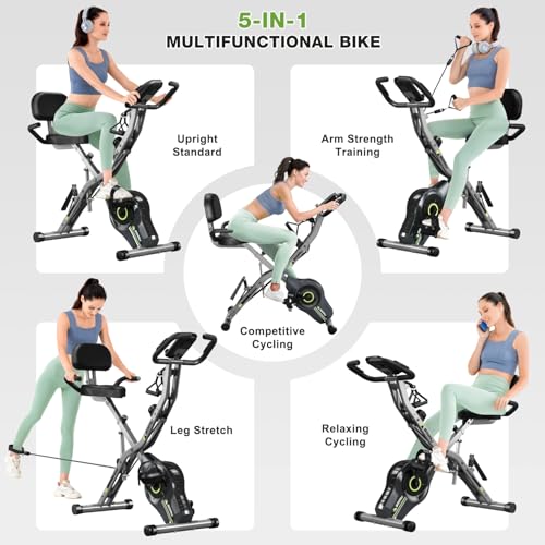 Goimu 5-in-1 Foldable Indoor Exercise Bike Grey-1, 16-Level Magnetic Resistance, Comfortable Seat & 330LB Capacity