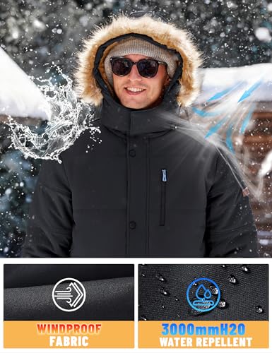 Men's Winter Parka Jacket with Hood - Water-Resistant & Windproof, Medium Black