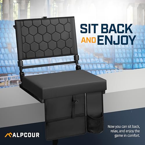 Alpcour Extra Wide Folding Bleacher Seat with Back Support, 21" Black, Thick Cushion, Cup Holder & Storage