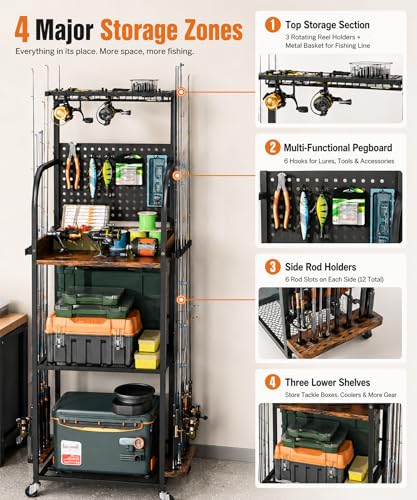 Fishing Rod Storage Rack with Shelves & Accessories Organizer