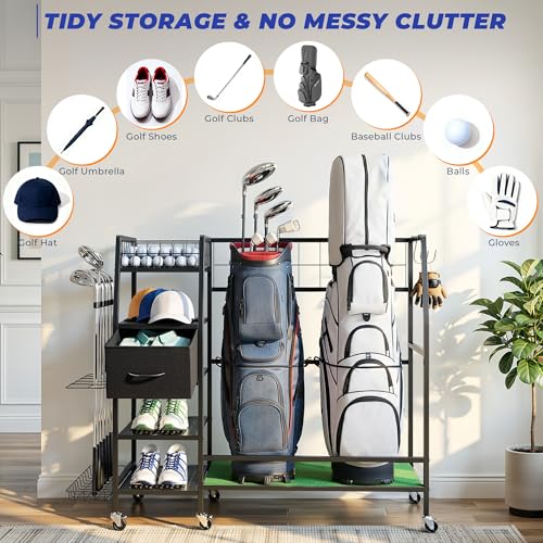 Sturdum 43.3in Golf Bag Organizer Rack with Wheels & Turf Mat