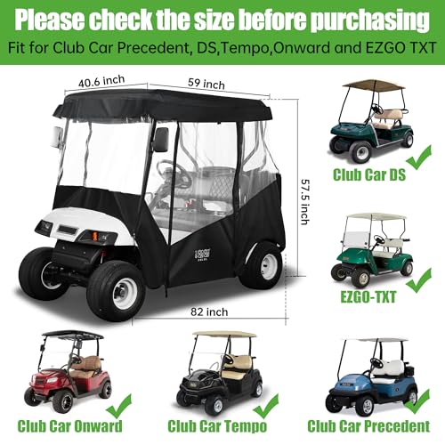 10L0L Black 2 Passenger Golf Cart Enclosure for EZGO TXT & Club Car DS, 61" Roof
