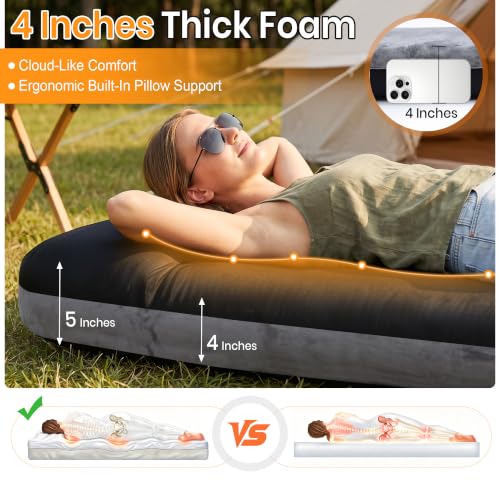 Self Inflating Sleeping Pad with Electric Pump - 4 Inch Thick Foam Mattress for Camping, Car, Home, 9.5 R-Value