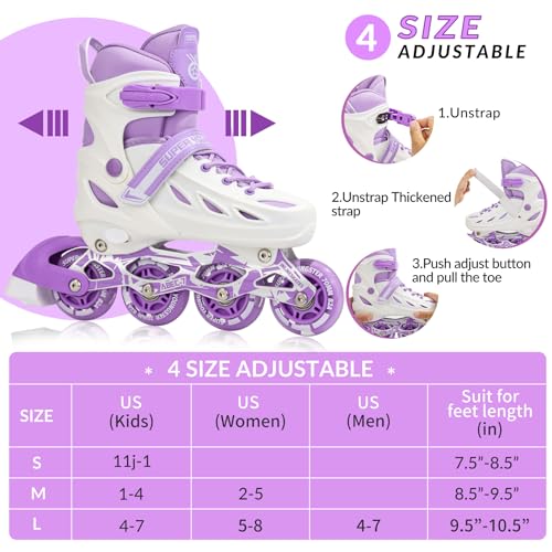 SUPER YOUNGSTER Adjustable Inline Skates for Kids Ages 4-12, Light-Up Wheels, White & Purple, Medium-Big Kid (1-4 US)