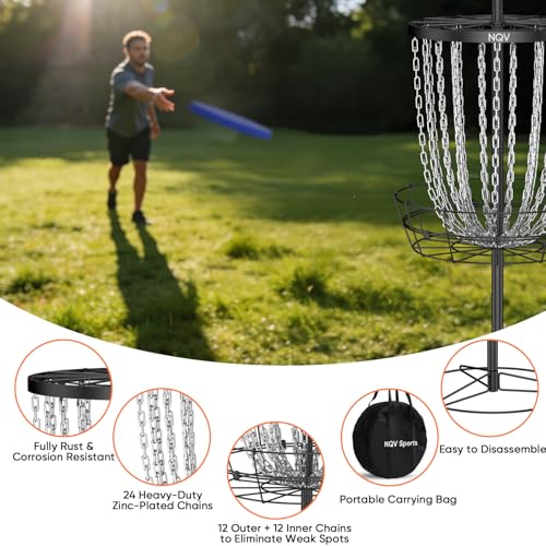NQV PRO Portable Disc Golf Basket with 24 Heavy Duty Chains - Black