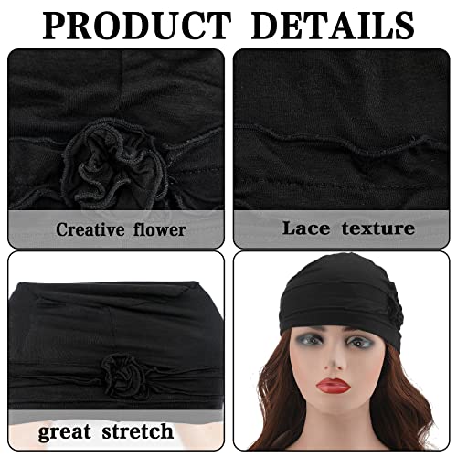 Chemo Turban Headwear for Women 4 Pack - Black, Gray, Khaki, Burgundy with Flower Design